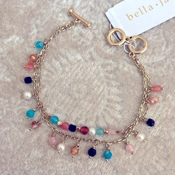 Brand New Bella Jack Gold Tone Double Chain Multicolored Bead Toggle Bracelet - Picture 2 of 16
